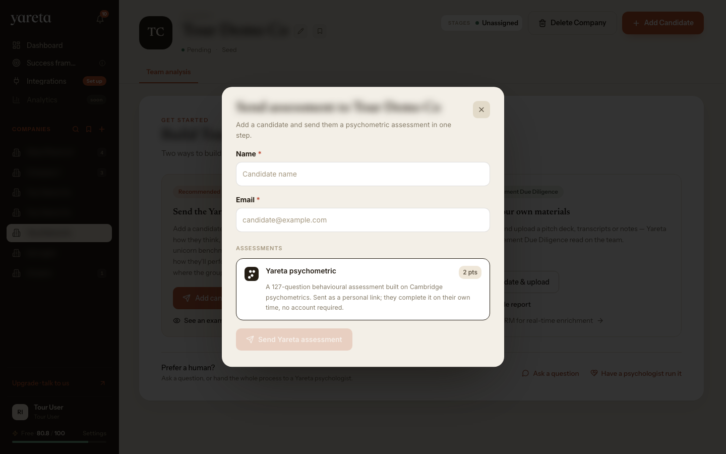 Send assessment — empty company